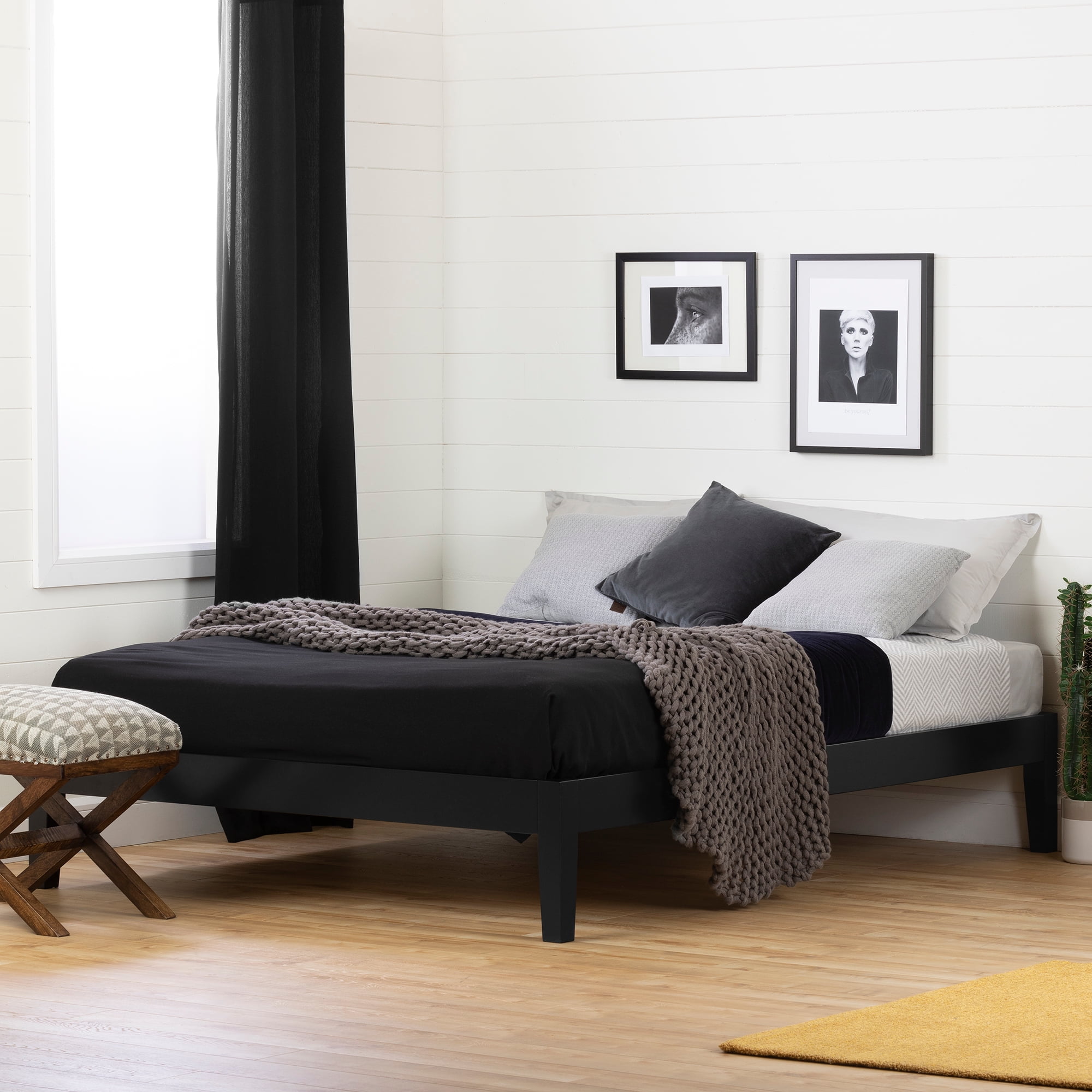 Black Full Solid Wood Platform Bed with Slats