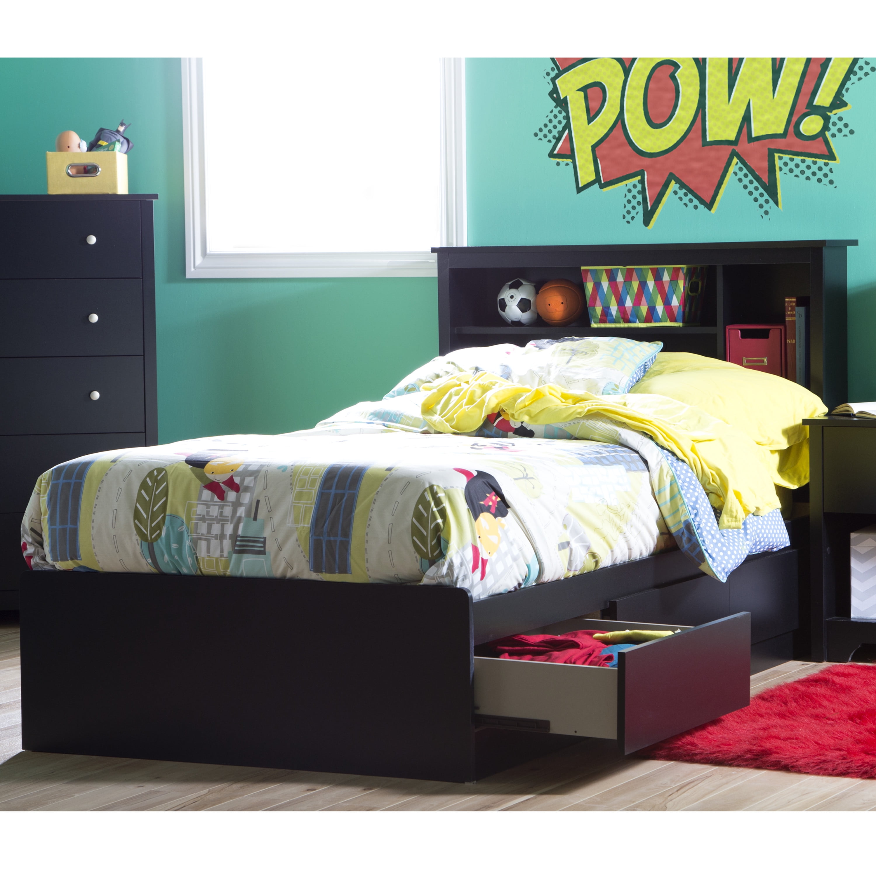 Black Twin Wood Platform Bed with Storage and Bookcase Headboard