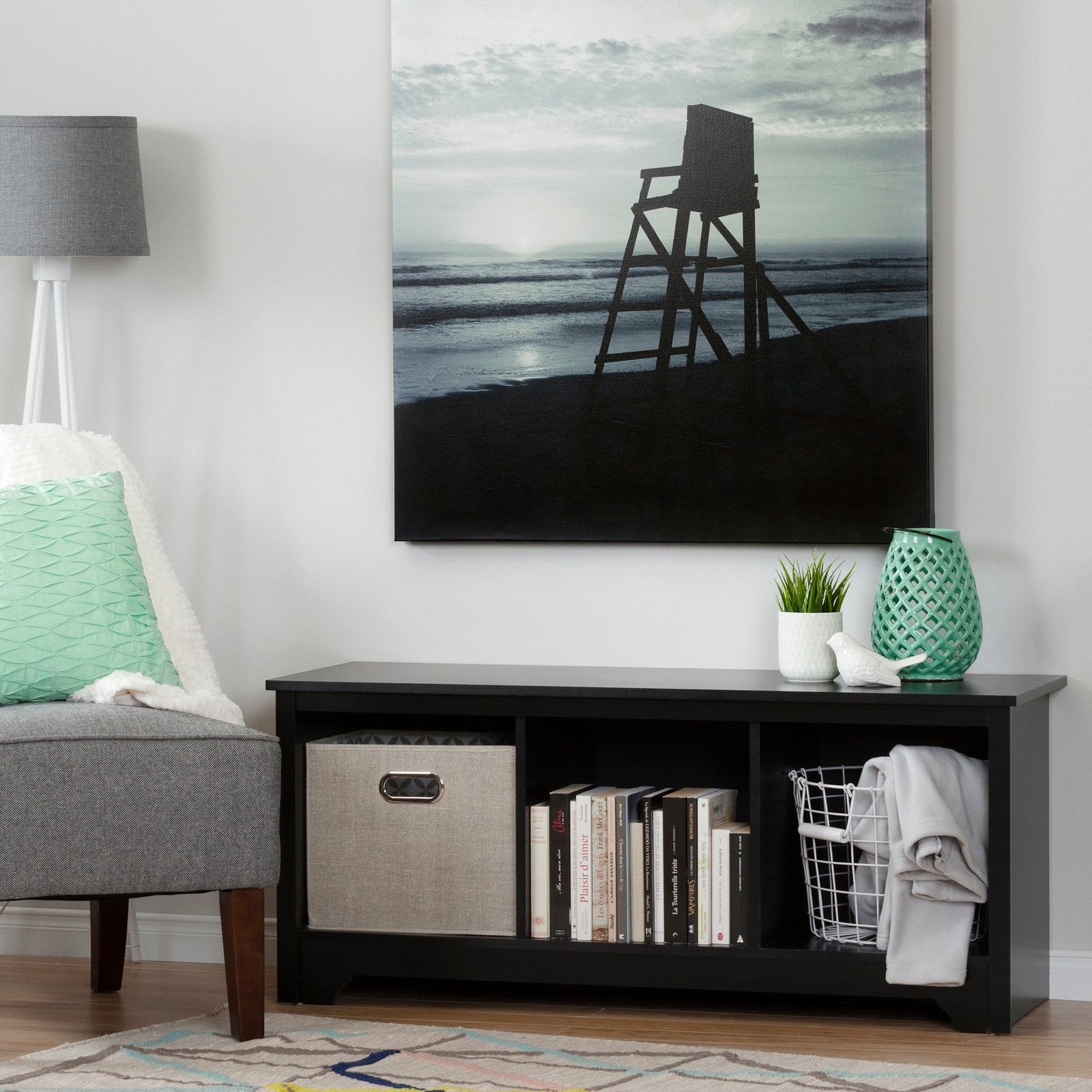 Vito Transitional Pure Black Storage Bench with Cubby Spaces
