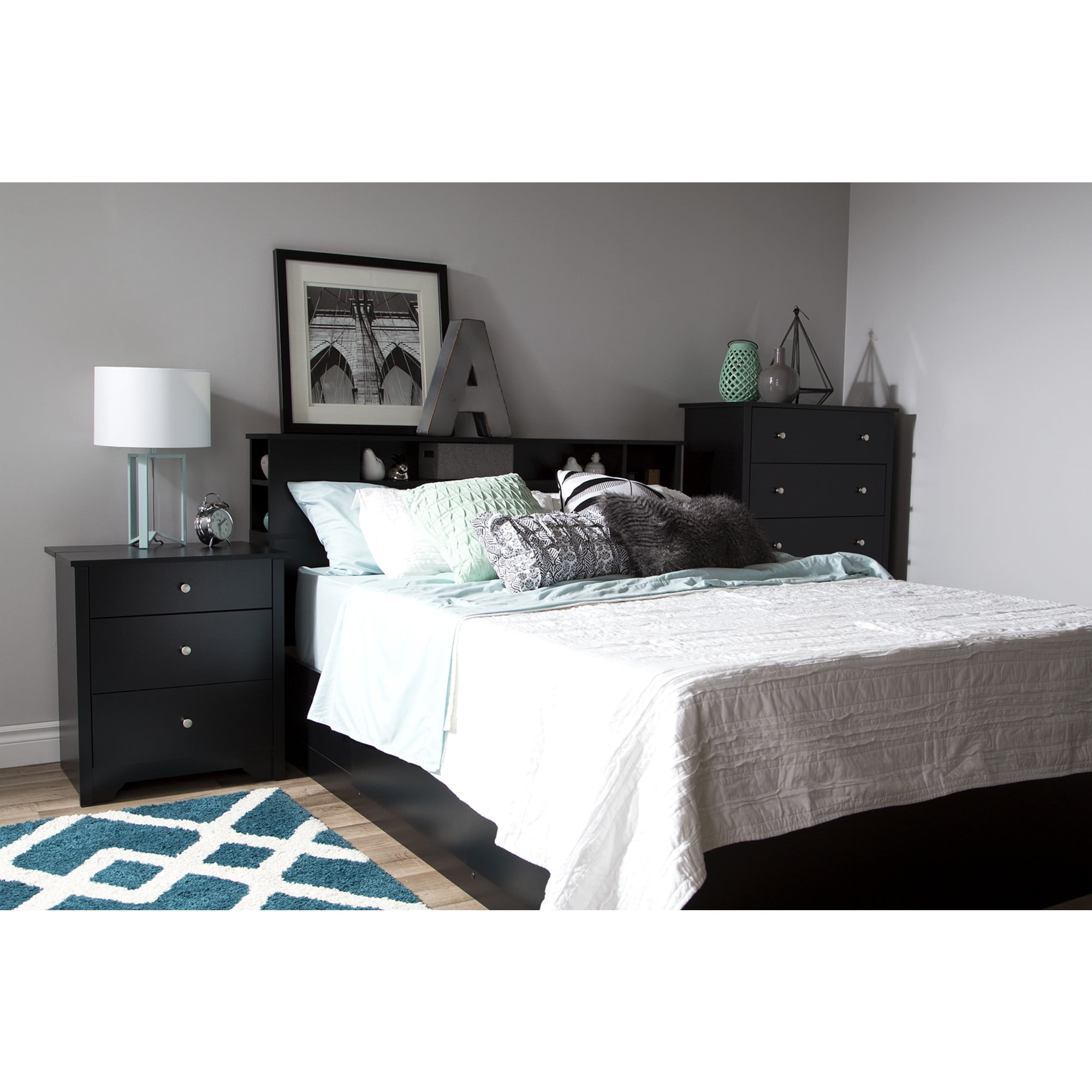 Black 2-Drawer Nightstand with Charging Station