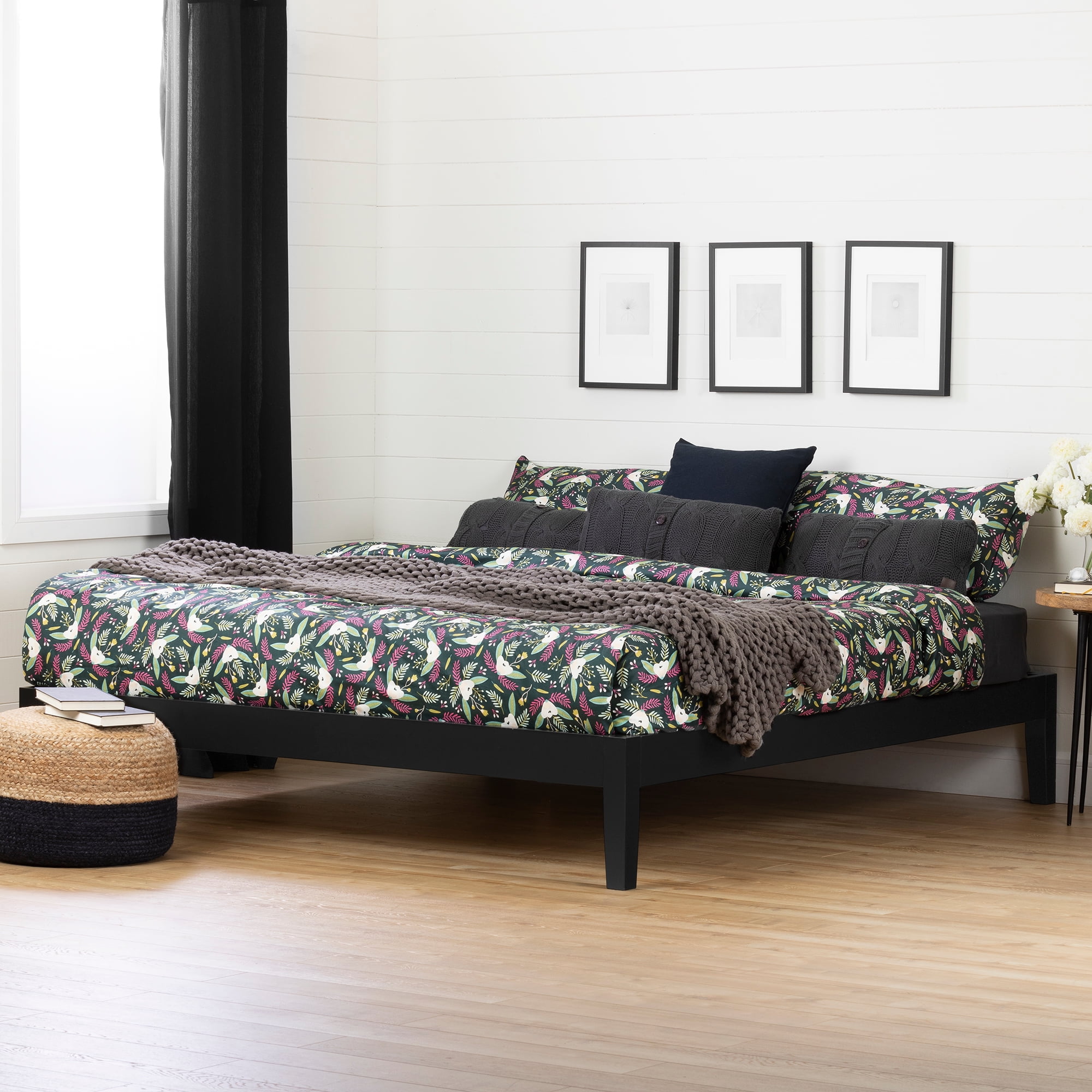 Minimalist King-Size Black Wood Frame Upholstered Platform Bed