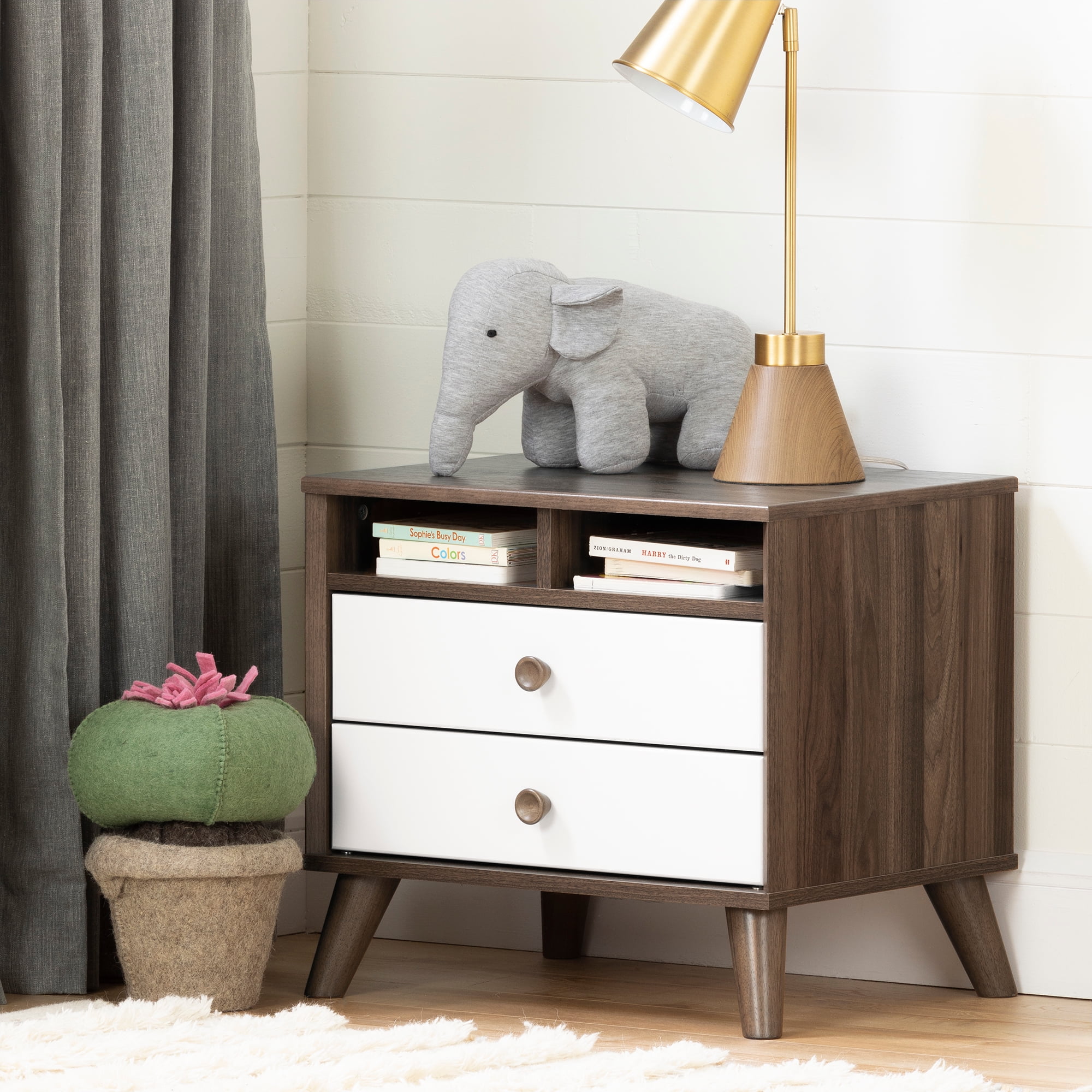 Natural Walnut and White 2-Drawer Scandinavian Nightstand