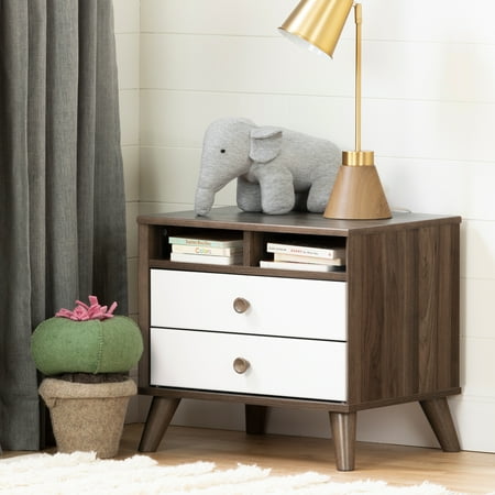 South Shore Yodi Scandinavian 2-Drawer Nightstand with Storage, Natural Walnut & White