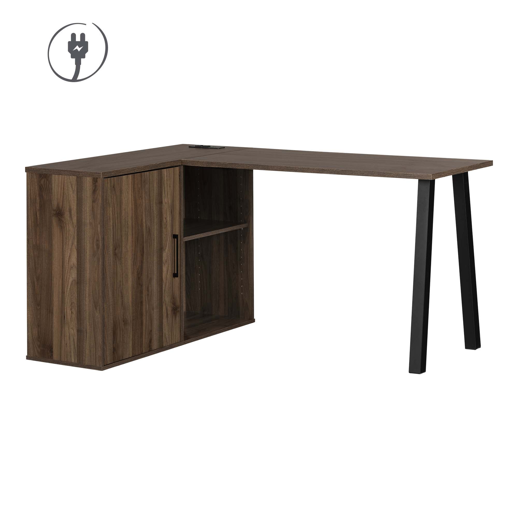 Natural Walnut L-Shaped Computer Desk with USB Port and Filing Cabinet