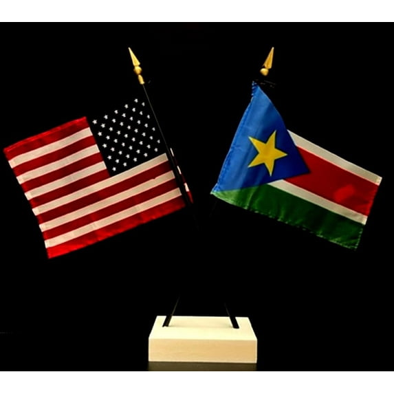 South Sudan Desk Flag Set; Contains One USA and One Country Flag with a White Crossed Base, American Made