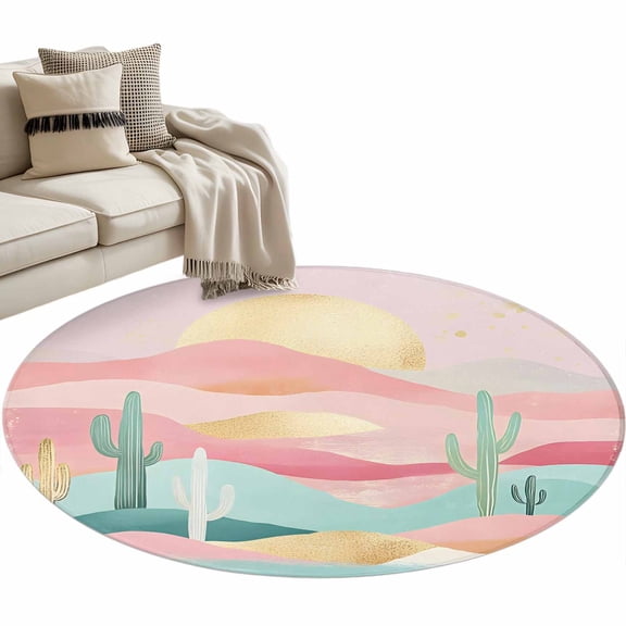 South West Boho 3ft Area Rug, Abstract Pink Gold Mountains Cactus Washable Non-Slip Small Round Rugs for Entryway Bedroom Kitchen, Soft Circle Carpet for Dining Room, Playroom Nursery Rug
