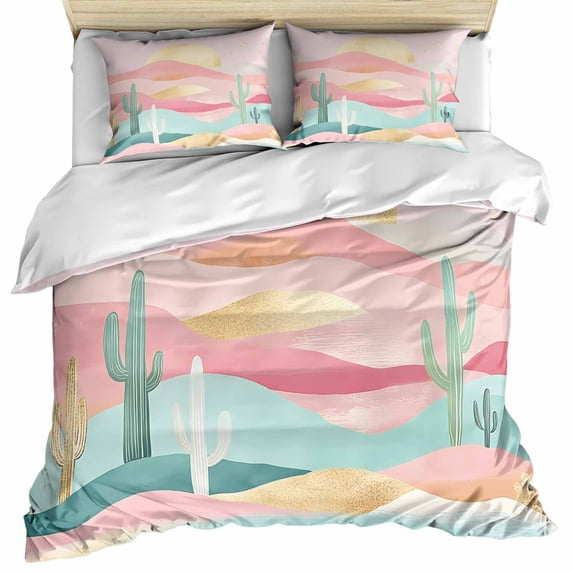 South West Boho Bedding 3 Piece Duvet Cover Set Full Size, Abstract Pink Gold Mountains Cactus Soft Microfiber Comforter Cover with Zipper Closure & Pillowcases, Wrinkle & FadeResistant Quilt Cover