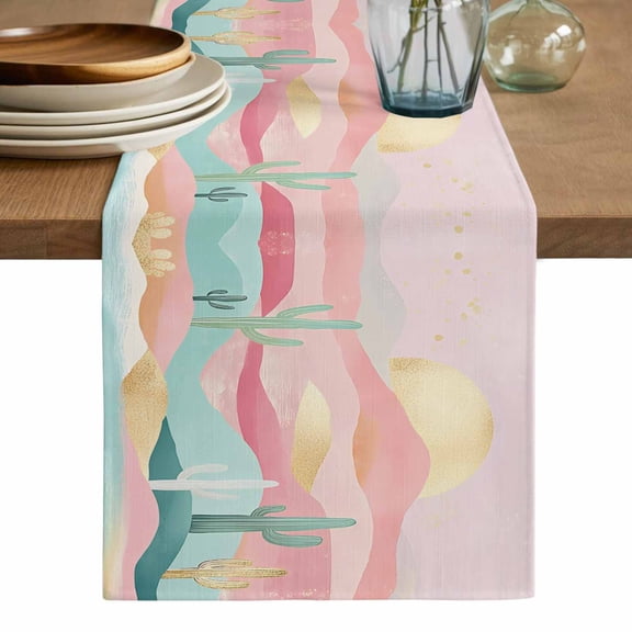 South West Boho Cotton Linen Table Runner for Dining Kitchen, Abstract Pink Gold Mountains Cactus Wedding Outdoor Party Tablerunners Decoration, Dresser Scarf Coffee Tablecloth Runners 13x36 Inches