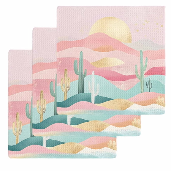 South West Boho Dish Towels Set, Waffle Weave Kitchen Towels 3 Pieces, Abstract Pink Gold Mountains Cactus Microfiber Hair Face Bath Tea Towel Absorbent Quick Drying Cleaning Dish Cloths, 12"x12"