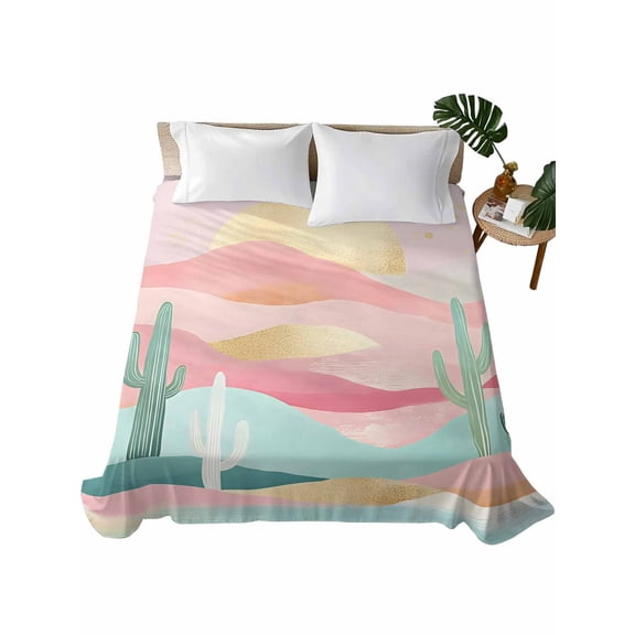 South West Boho Flat Sheets Only Queen Size, Soft Breathable Bed Top Sheets for Mattress, Abstract Pink Gold Mountains Cactus Luxury Bedding Flat Sheets for Home Hotel Bedroom Bed Protection