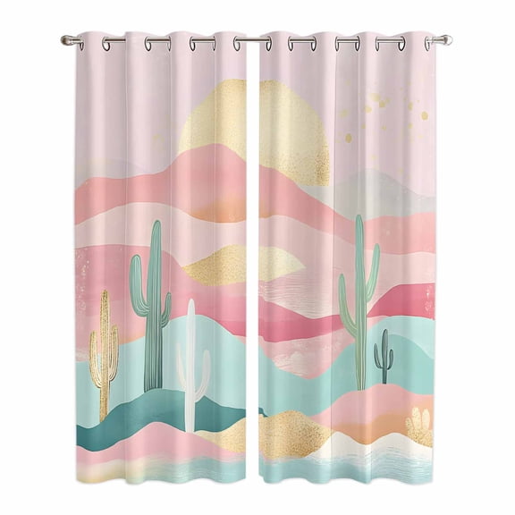 South West Boho Kitchen Curtains 96 Inch Length, Abstract Pink Gold Mountains Cactus Grommet Top Bedroom Living Room Curtains, Light Filtering Cafe Curtain Drapes 2 Panels Set 104''x96''