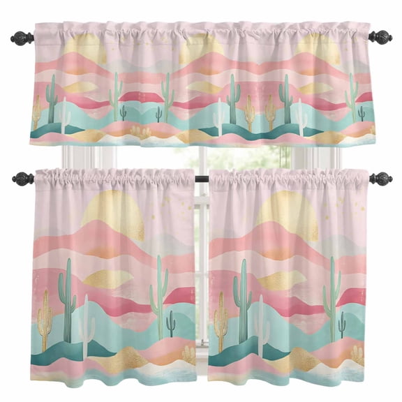 South West Boho Kitchen Curtains Sets for Windows 24 Inch Length, Abstract Pink Gold Mountains Cactus Rod Pocket Window Treatments Tier Curtains and Valances Set for Bedroom/Bathroom