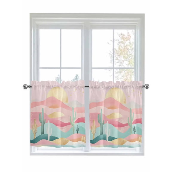 South West Boho Kitchen Curtains Tier 36 Inch Length, Abstract Pink Gold Mountains Cactus Rod Pocket Light Filtering Window Curtains Living Room Bedroom Curtain Drapes Cafe Curtain 27.5''x36''x2