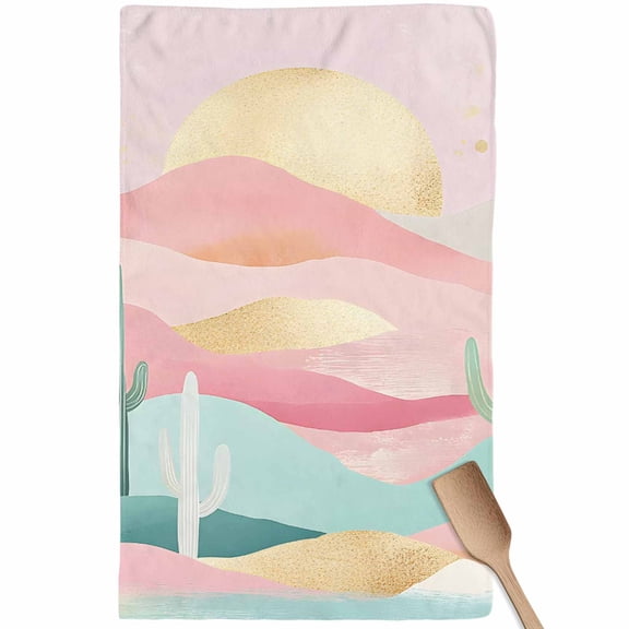 South West Boho Kitchen Towel Dish Cloths Set of 1, Microfiber Soft Kitchen Hand Towels, Abstract Pink Gold Mountains Cactus Absorbent Quick Drying Dishcloths 18 x 28 Inches