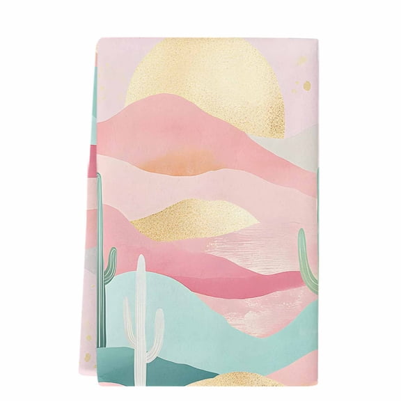South West Boho Kitchen Towels Set of 1, Absorbent Microfiber Dish Tea Towels with Hanging Loop, Abstract Pink Gold Mountains Cactus Resuable Hand Towel for Home Kitchen Cooking Cleaning 18"x28"