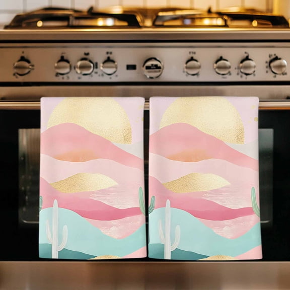South West Boho Kitchen Towels Set of 1, Abstract Pink Gold Mountains Cactus Absorbent Dish Towels for Kitchen, Microfiber Hand Towel, Quick Drying Tea Towel for Cleaning Decorative Dishcloths