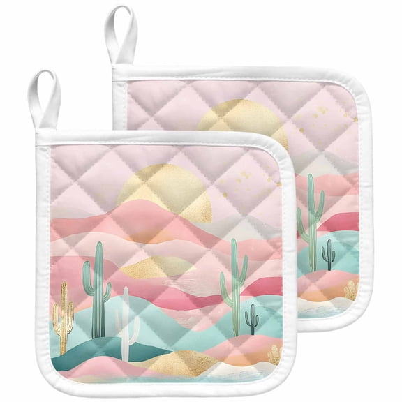 South West Boho Pot Holders for Kitchen Heatproof Potholder, 2 Pack Abstract Pink Gold Mountains Cactus Hot Pads Multipurpose Oven Pads Cloth Potholders Trivet for Cooking and Baking