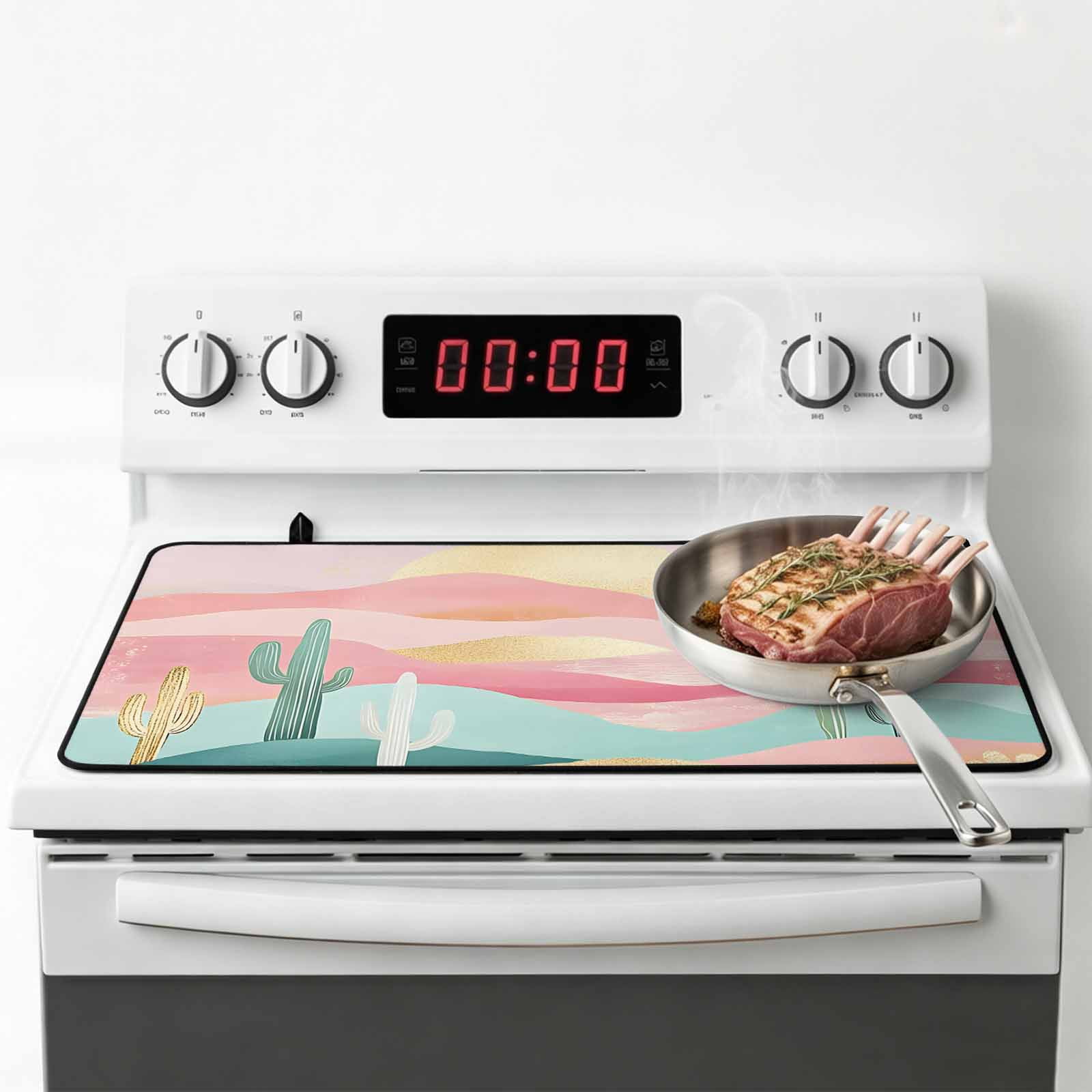 South West Boho Stove Top Cover for Electric Stove, Heat-proof & Non Slip Glass Top Stove Cover Protector, Abstract Pink Gold Mountains Cactus Kitchen Flat Cooktop Rubber Mat 24x21 Inches