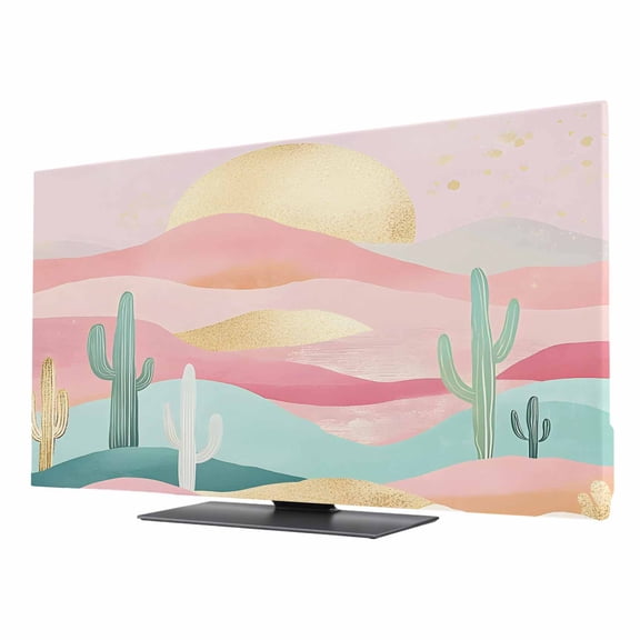 South West Boho TV Cover for 24 Inch Screen, Stretch Fabric Dustproof TV Display Protector, Abstract Pink Gold Mountains Cactus Elastic Slipcover Monitor Cover for Indoor Desktop Computer 20.9"x11.8"