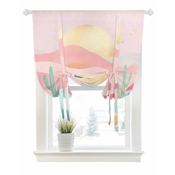 South West Boho Tie Up Curtains for Window, Thermal Insulted Balloon Shade Adjustable Rod Pocket Curtains Valance Panels for Kitchen Bathroom Cafe 52 x 63 Abstract Pink Gold Mountains Cactus