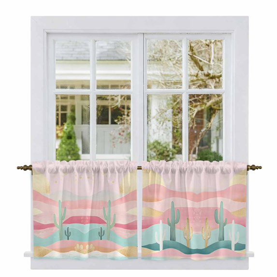 South West Boho Tier Curtains, Abstract Pink Gold Mountains Cactus Light Filtering Kitchen Curtains, 2Pcs Rod Pocket Half Window Treatments Panels for Sink Cafe Cabinet Camper 27.5x36 Inches
