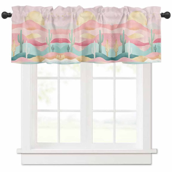 South West Boho Valances for Windows Farmhouse Kitchen Curtains Valances Rod Pocket Valance Curtains for Kitchen Windows Abstract Pink Gold Mountains Cactus Window Valances for Bathroom 42"x12"