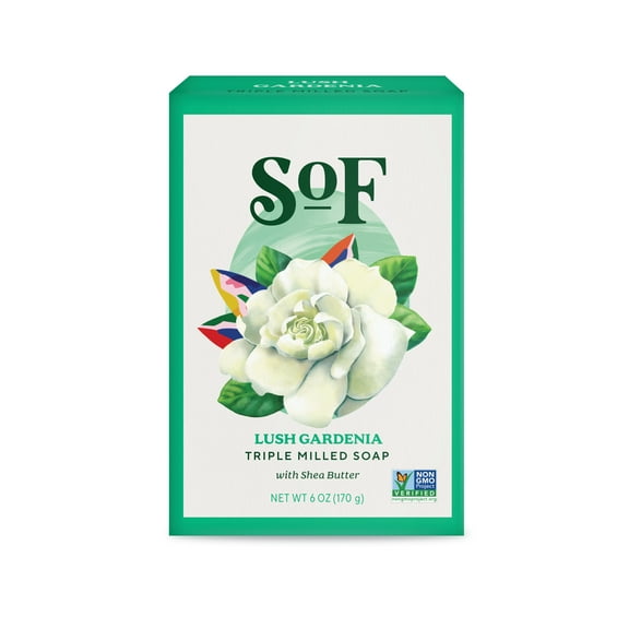 SoF Triple Milled Bar Soap - With Coconut Oil & Organic Shea Butter- Vegan & Non GMO- Free From Phthalates, Sulfates & Parabens- Lush Gardenia - 6 oz Bar