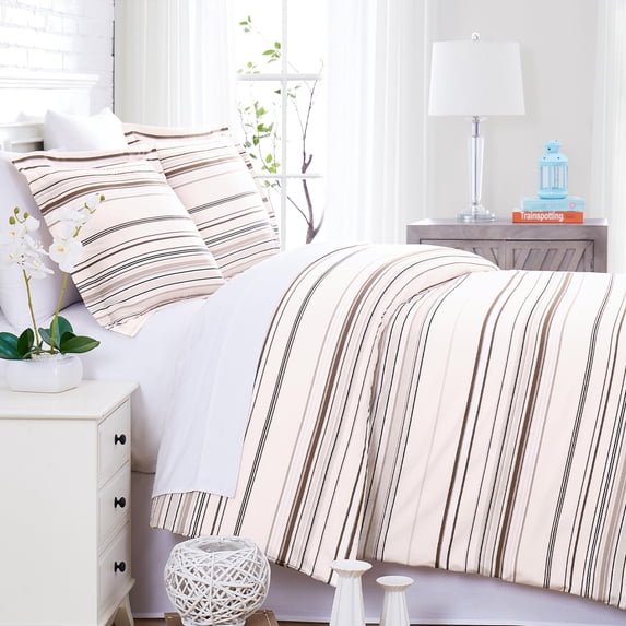 SouthShore FINE LIVING Coastal Stripes Collection - Soft, Wrinkle, Fade, & Stain Resistant, Easy Care, Oversized Duvet Cover Set, Full / Queen, Taupe