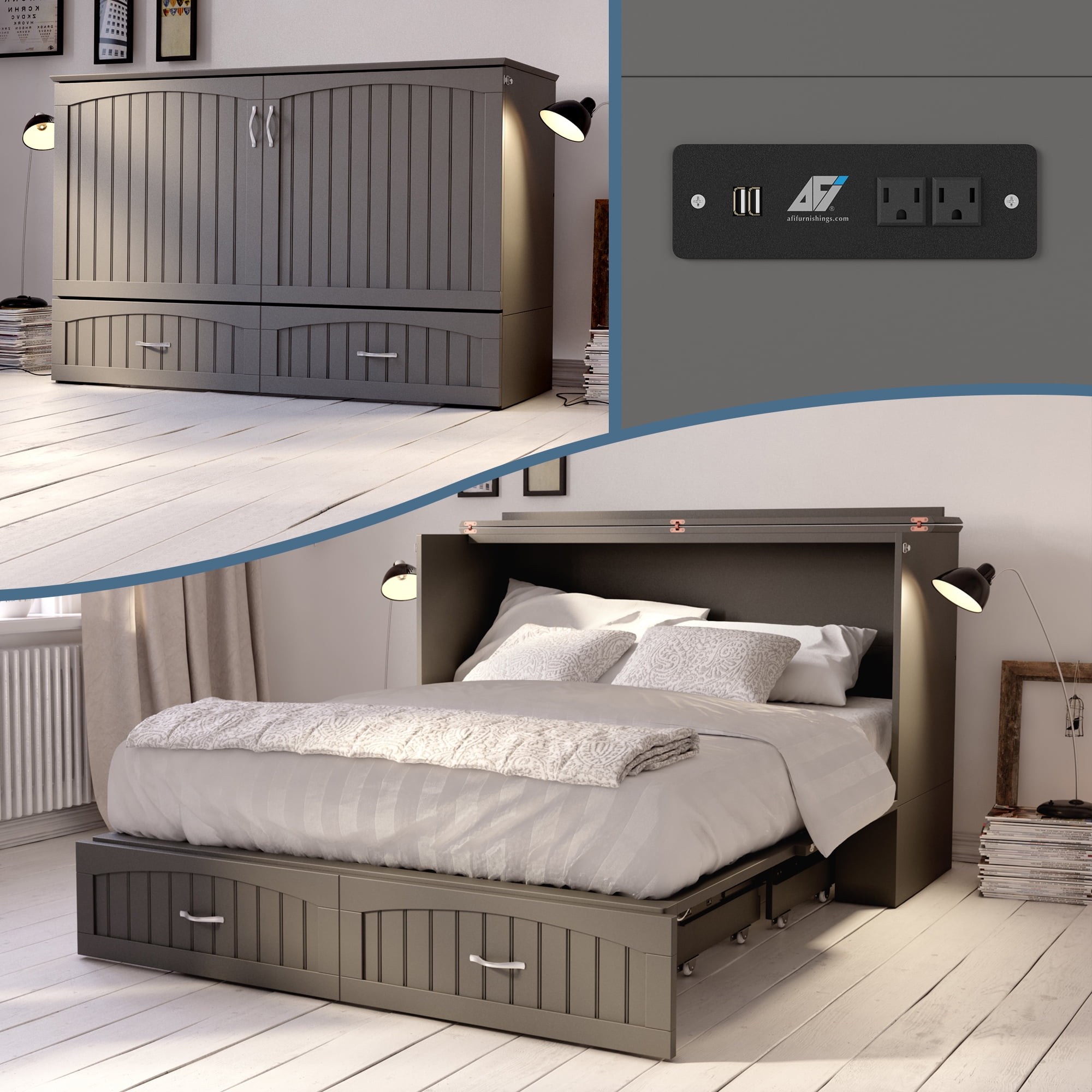 Gray Queen Murphy Bed Chest with Storage and Charging Station