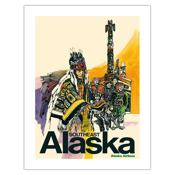 Southeast Alaska - Native Americans - Tribal Totem Poles - Alaska Airlines - Vintage Airline Travel Poster c.1974 - Bamboo Fine Art 290gsm Paper (Unframed) 17x22in