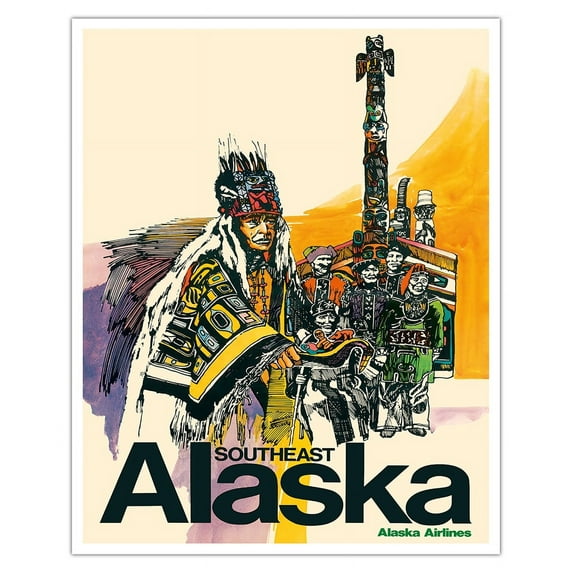 Southeast Alaska - Native Americans - Tribal Totem Poles - Alaska Airlines - Vintage Airline Travel Poster c.1974 - Fine Art Matte Paper Print (Unframed) 16x20in