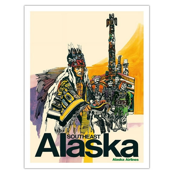 Southeast Alaska - Native Americans - Tribal Totem Poles - Alaska Airlines - Vintage Airline Travel Poster c.1974 - Fine Art Matte Paper Print (Unframed) 20x26in