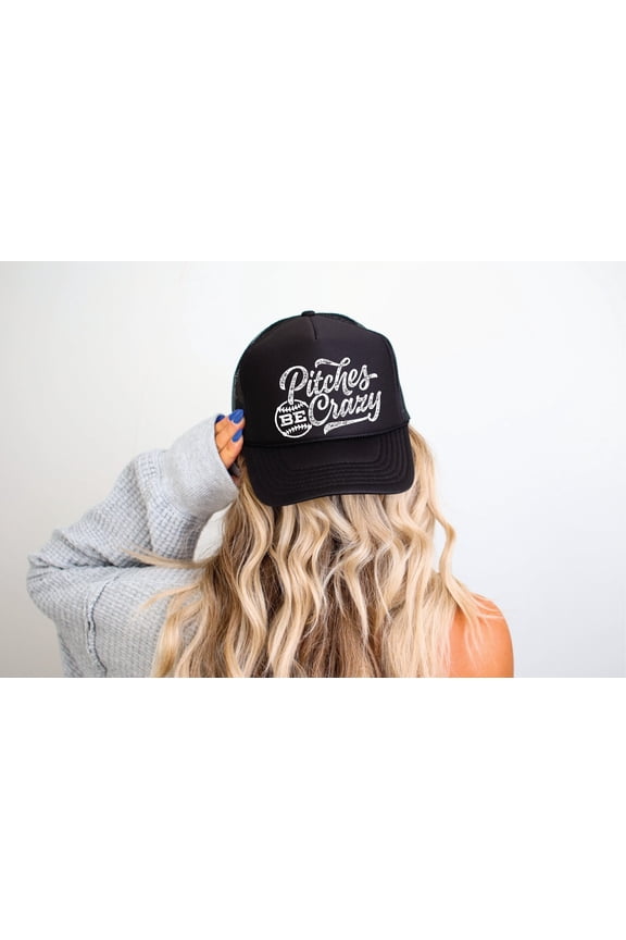 Designs- Pitches be Crazy Baseball/Softball- Black Unisex Foam Trucker Hat