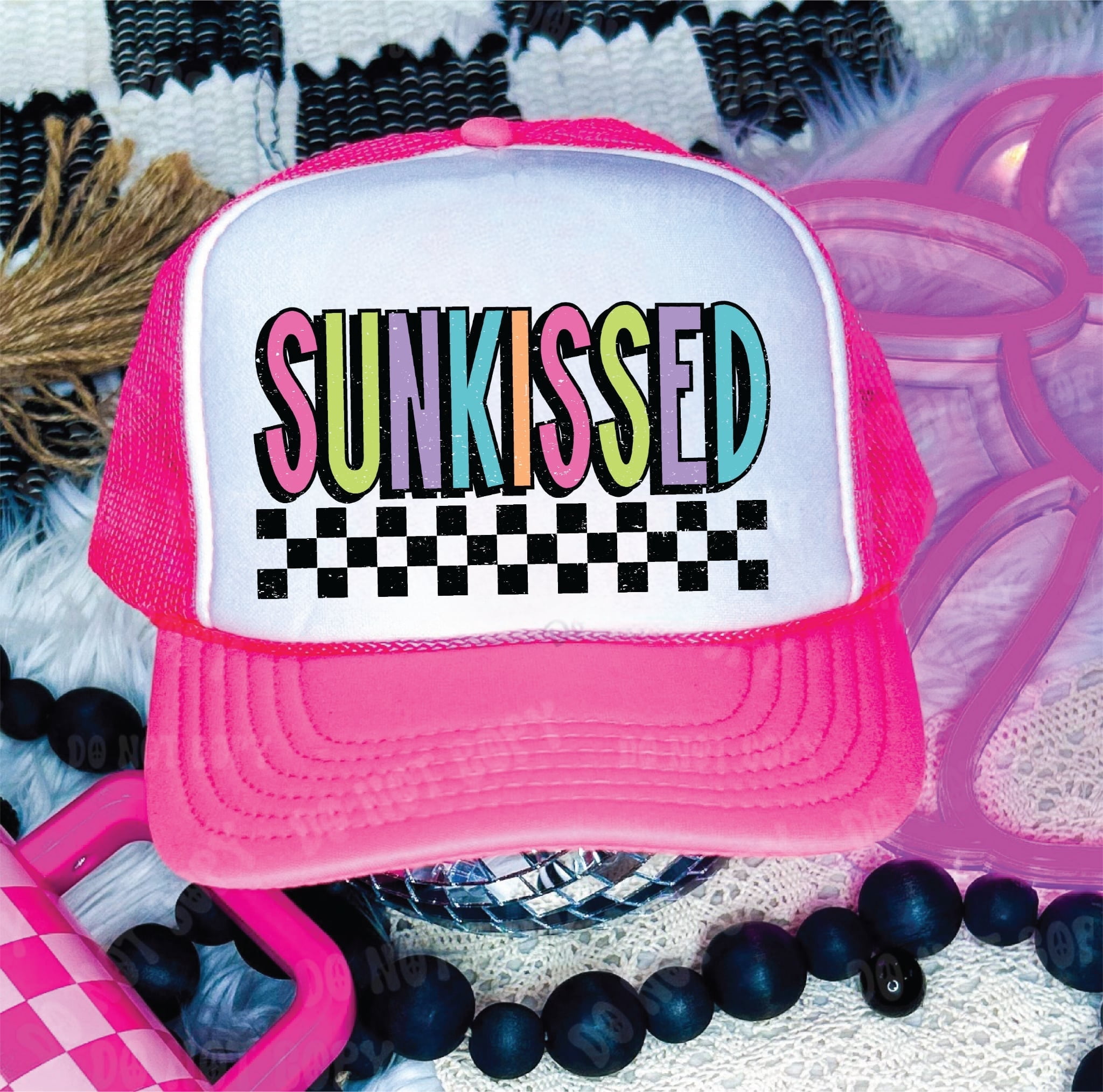 White and Pink Rhinestone \'SUNKISSED\' Trucker Hat 1937 Diamond Logo Foam Trucker Hat — 1937 main image 2