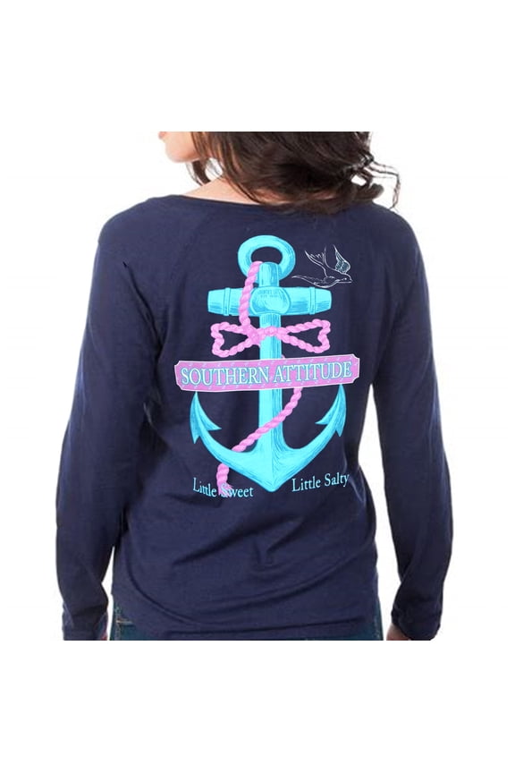 Southern Attitude Salty Anchor Navy Blue Preppy Long Sleeve Shirt