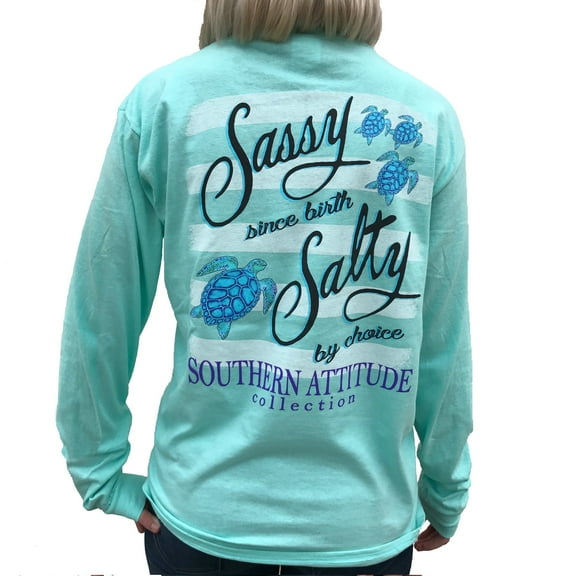 Southern Attitude Salty by Choice Sea Turtles Sea Foam Green Long Sleeve Women's Shirt