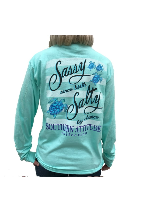 Southern Attitude Salty by Choice Sea Turtles Sea Foam Green Long Sleeve Women's Shirt