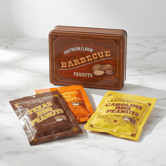 DM Snacks Southern BBQ Peanuts Gift Tin Texas, Memphis & Carolina Style 3 Gourmet BBQ Flavors