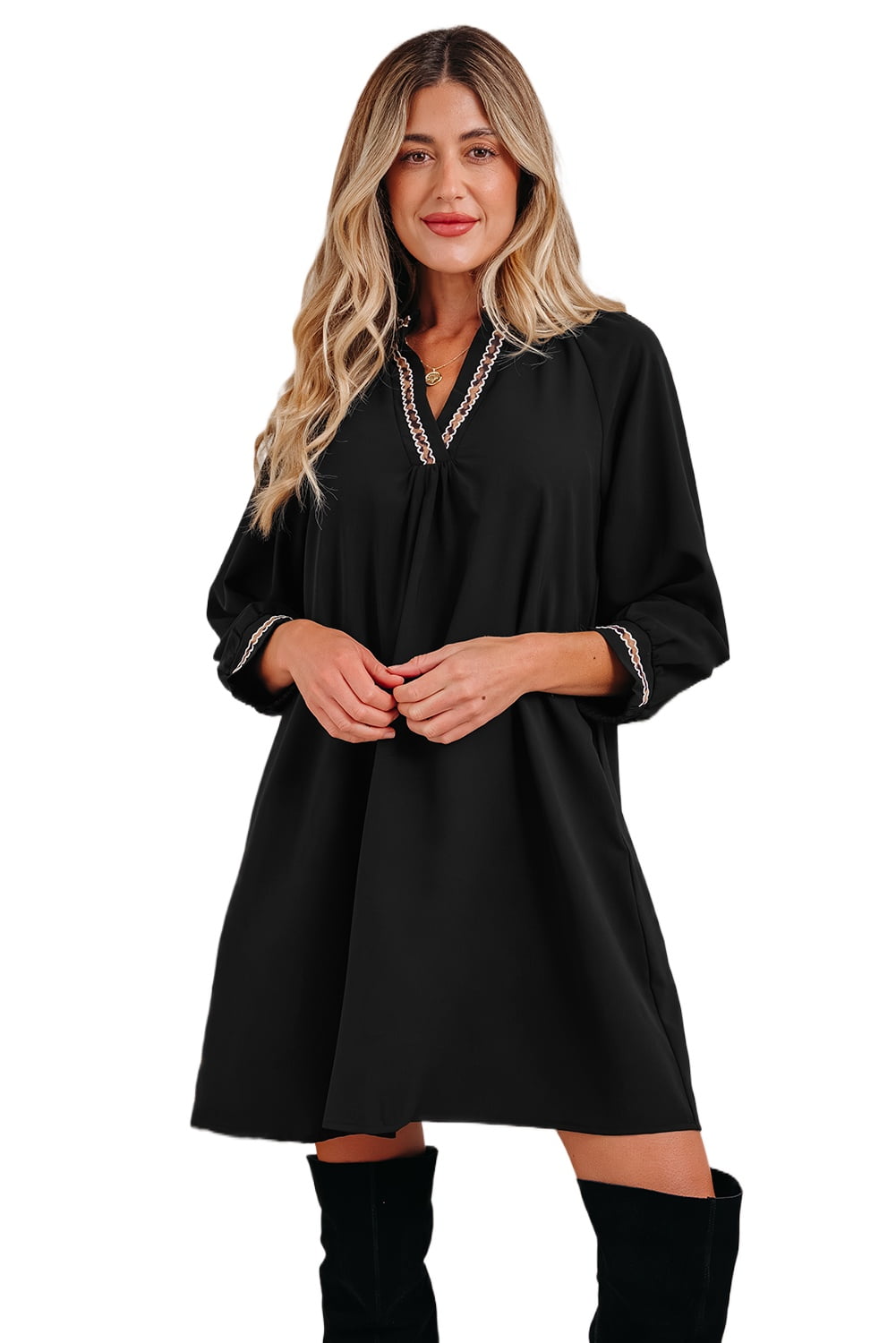 Southern Belle Black Mini Dress: Contrast Trim Bracelet Sleeve Style for  Fall [ZhiHiMeRi] | L - Walmart.com
