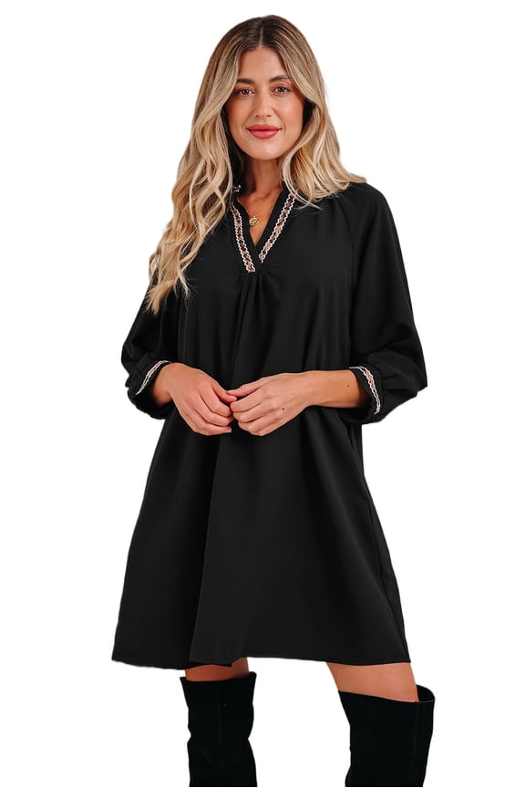 Southern Belle Black Mini Dress: Contrast Trim Bracelet Sleeve Style for Fall [ZhiHiMeRi] | L