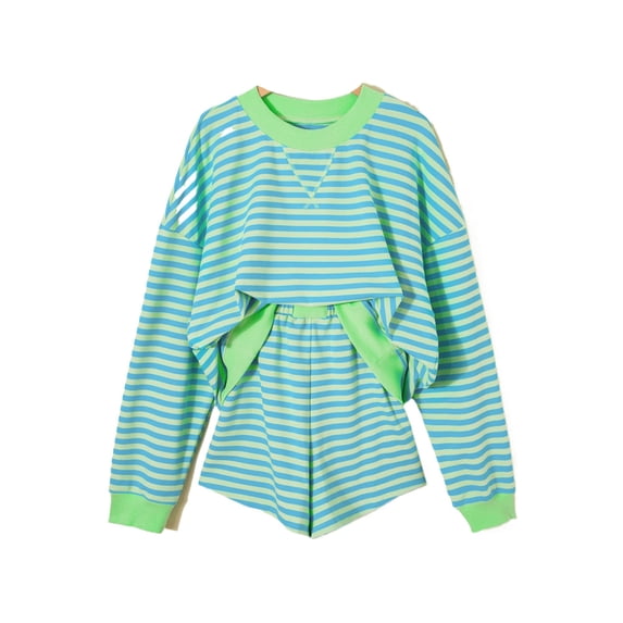 Southern Belle Striped Two Piece Outfit – Women’s Long Sleeve Top and Shorts with Pockets, M