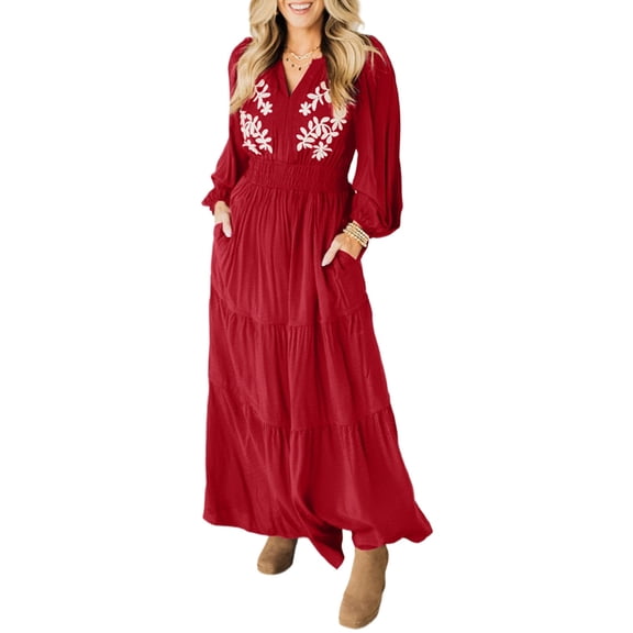 Southern Belle Style Women's Tiered Maxi Dress in Racing Red with Embroidery for Fall Days, L