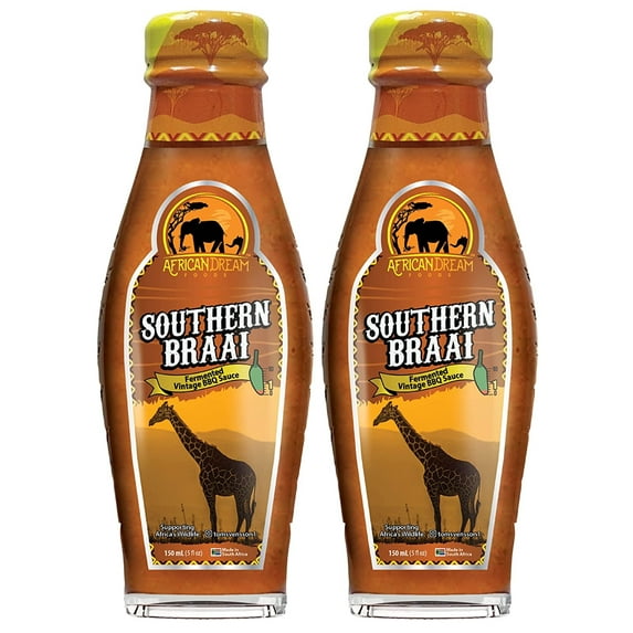 Southern Braai Fermented BBQ Sauce by African Dream Foods | All-Natural Barbecue Sauce Made in Africa | 5 fl oz Glass Bottle | 2-Pack