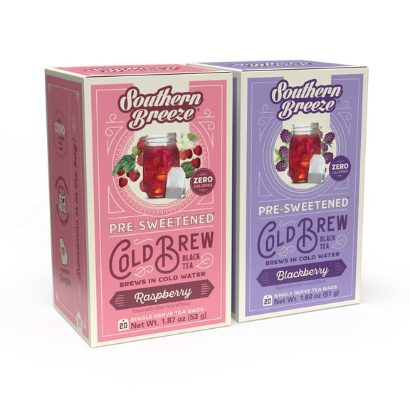 Southern Breeze Berry Bundle Cold Brew Sweet Iced Tea with Black Tea and Zero Carbs Zero Sugar, 20 Individually Wrapped Tea Bags Pack of 2 (Raspberry and Blackberry)