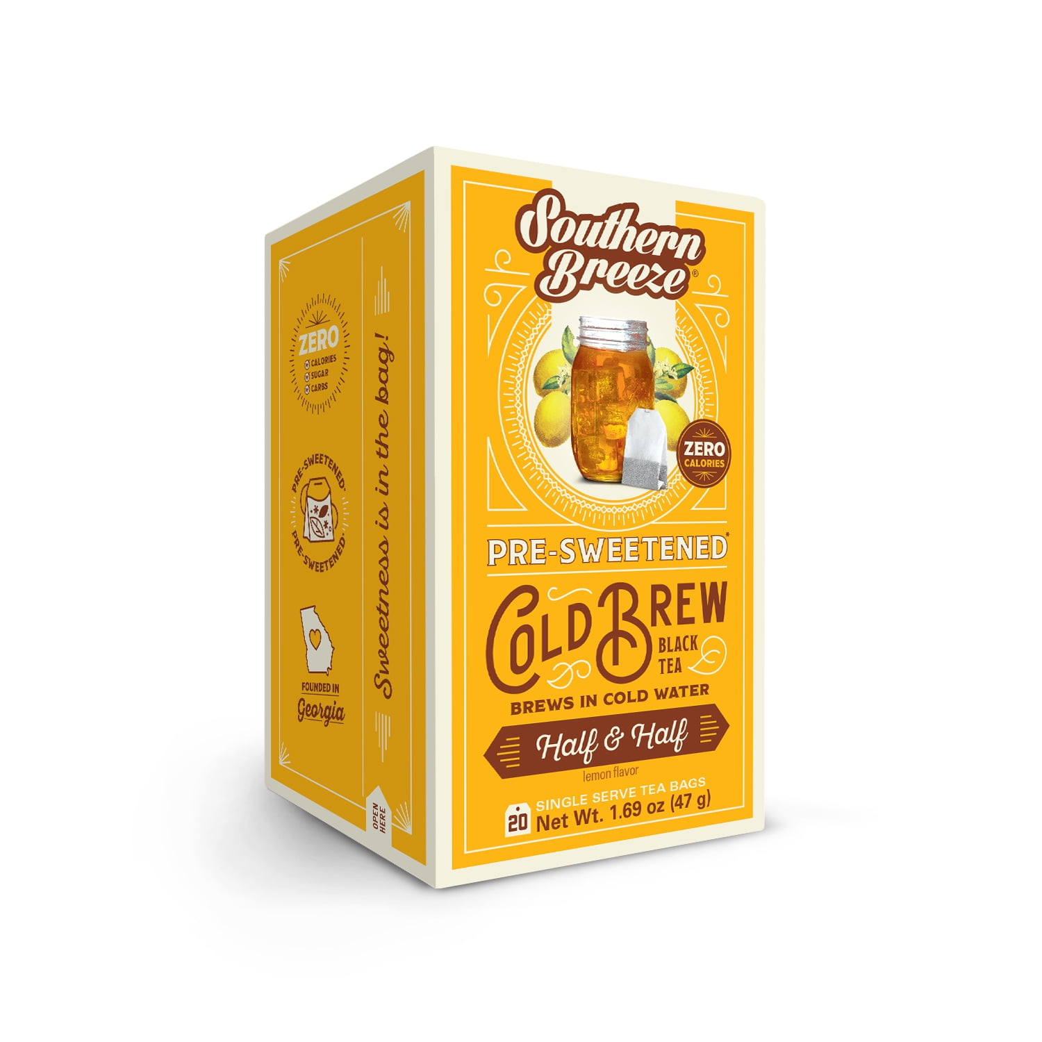 Southern Breeze Cold Brew Sweet Tea Half & Half Iced Tea With Black Tea And Zero Carbs Zero Sugar, 20 Individually Wrapped Tea Bags Southern Sweet Tea Iced Tea Beverage
