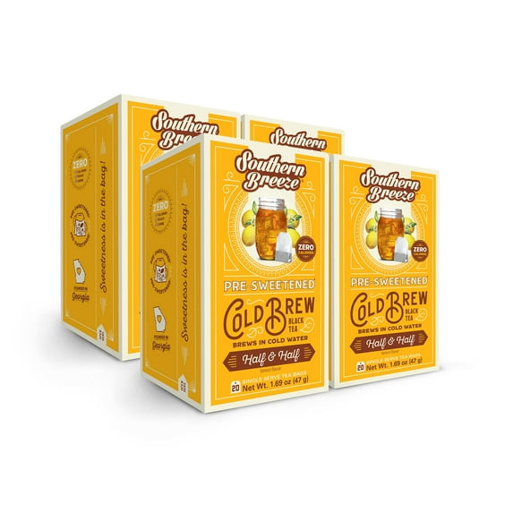 Southern Breeze Cold Brew Sweet Tea Half and Half Iced Tea with Black Tea and Zero Carbs Zero Sugar, 20 Individually Wrapped Tea Bags, Pack of 4