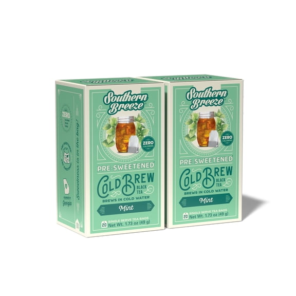 Southern Breeze Cold Brew Sweet Tea Mint Iced Tea with Black Tea and Zero Carbs Zero Sugar, 20 Individually Wrapped Tea Bags (Pack of 2) Southern Sweet Tea Iced Tea Beverage