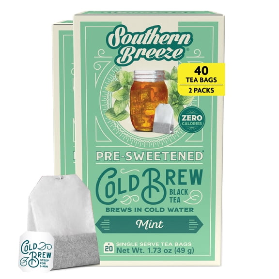 Southern Breeze Cold Brew Sweet Tea Mint Iced Tea with Black Tea and Zero Carbs Zero Sugar, 20 Individually Wrapped Tea Bags (Pack of 2) Southern Sweet Tea Iced Tea Beverage
