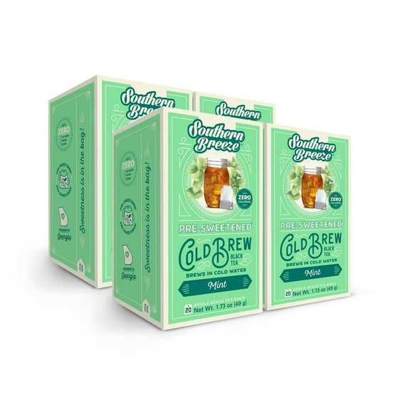 Southern Breeze Cold Brew Sweet Tea Mint Iced Tea with Black Tea and Zero Carbs Zero Sugar, 20 Individually Wrapped Tea Bags, Pack of 4
