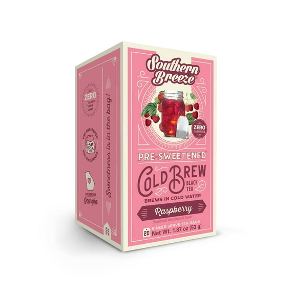 Southern Breeze Cold Brew Sweet Tea Raspberry Iced Tea with Black Tea and Zero Carbs Zero Sugar, 20 Individually Wrapped Tea Bags Southern Sweet Tea Iced Tea Beverage